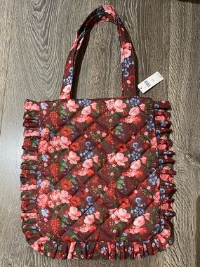 NWT Anthropologie Red Floral Quilted Ruffle Tote